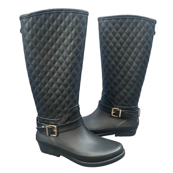 Guess Rain Boots & Quilted Black Gold Trim Tall Outdoorsy Riding Western Preppy - Picture 1 of 16
